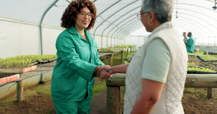 Farm Greenhouse and Handshake of People for Deal
